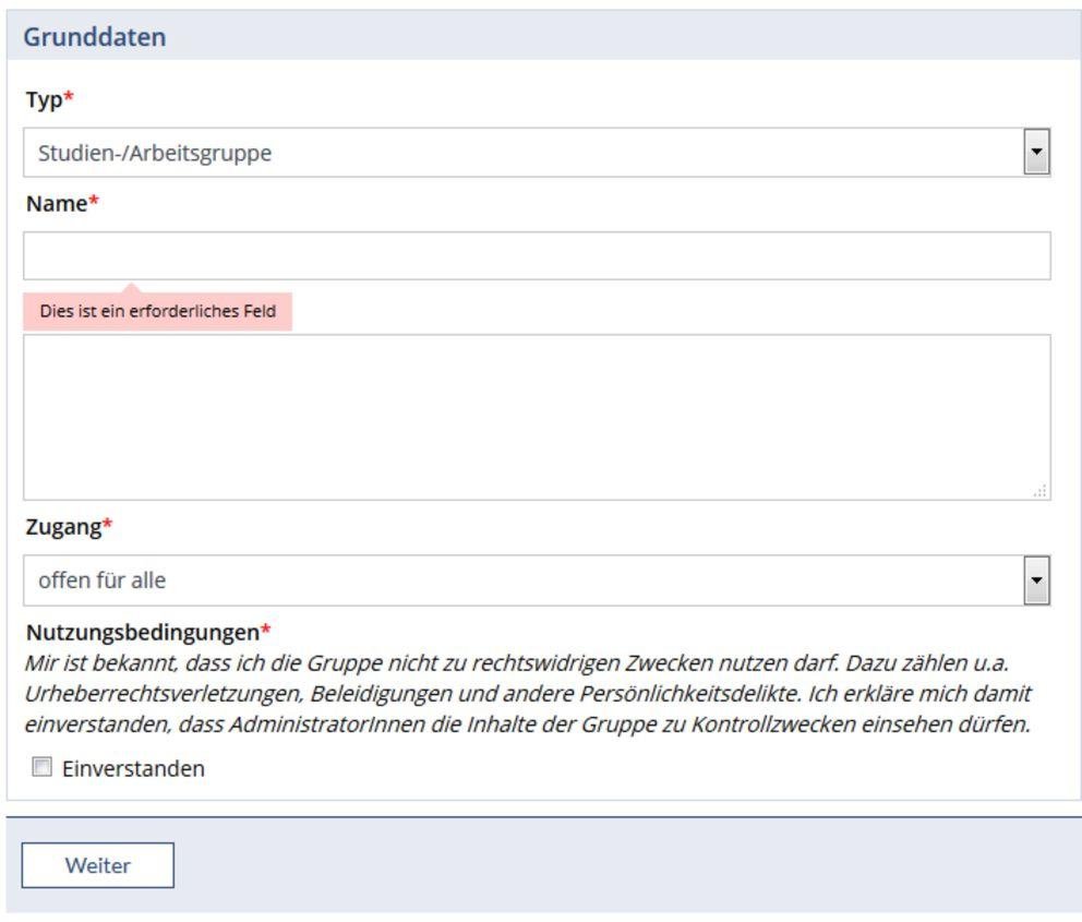 Studiengruppe anlegen Studiengruppe anlegen