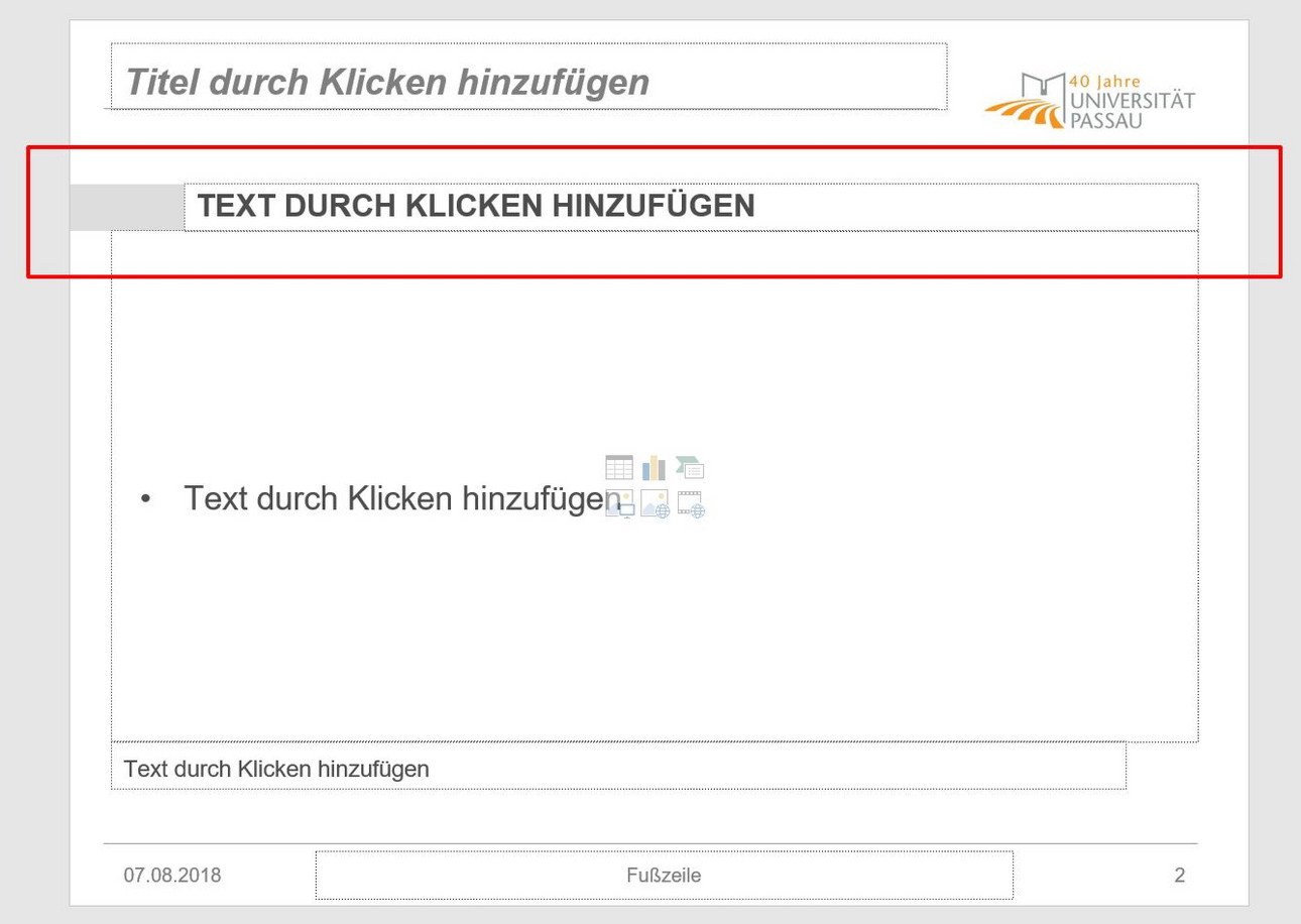 Auf der leeren Folie sind zwei Platzhalter f&uuml;r Titel und Inhalt zu sehen. Diese sind durch gepunktete Rahmen markiert und fordern durch einen Text innerhalb der Platzhatler auf durch einen Klick Inhalte hinzuzuf&uuml;gen.