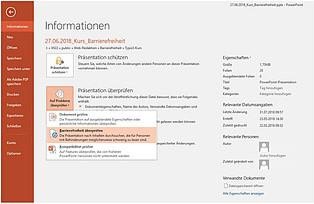 Screenshot des Dialogs „Informationen“ von PowerPoint. In der linken Liste ist der Eintrag „Informationen“ markiert, mittig ist „Auf Probleme überprüfen“ aktiviert, im Untermenü wird „Barrierefreiheit prüfen“ (farblich markiert) gewäh