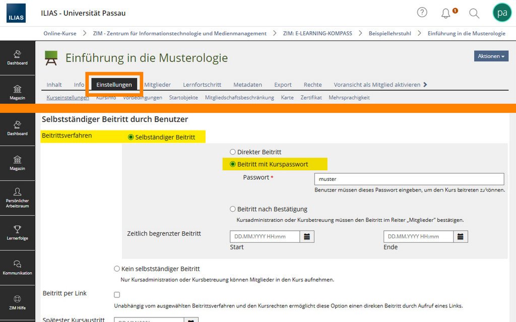 Einstellungen: Kursbeitritt