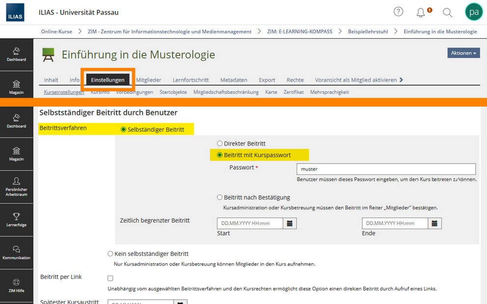 Einstellungen: Kursbeitritt