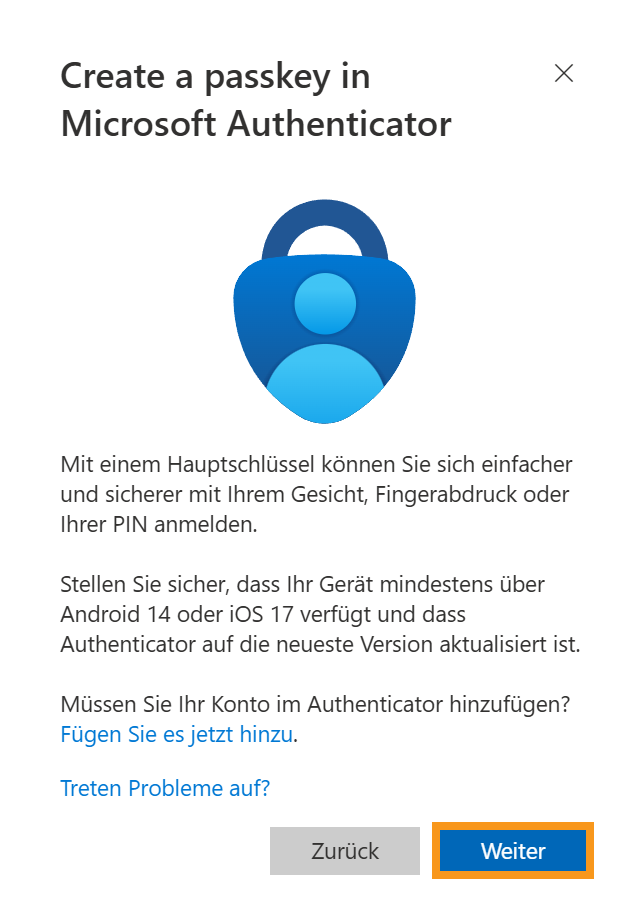Microsoft Authenticator w&auml;hlen