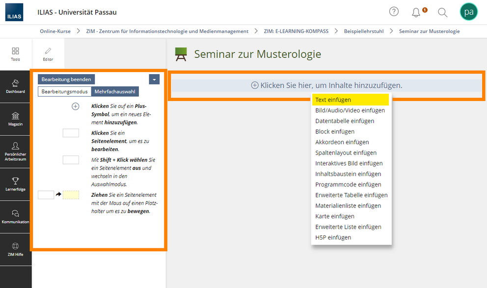 Seiteneditor: Inhalte hinzufügen