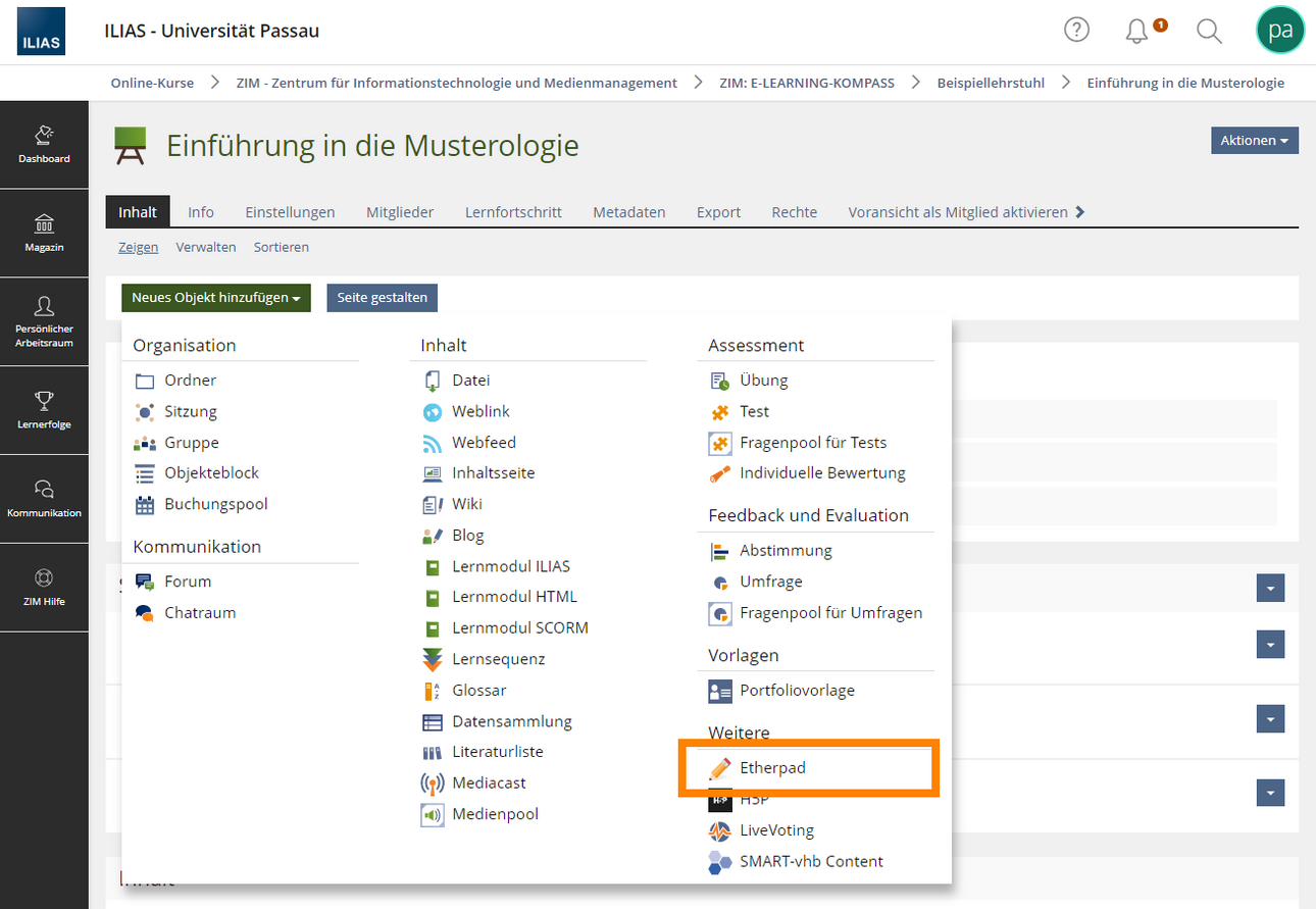 Neues Objekt hinzuf&uuml;gen: Etherpad