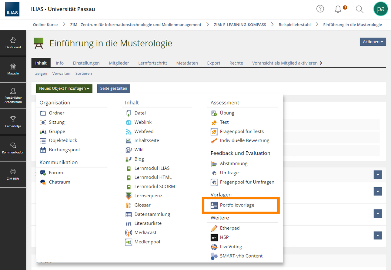 Neues Objekt hinzuf&uuml;gen: Portfoliovorlage