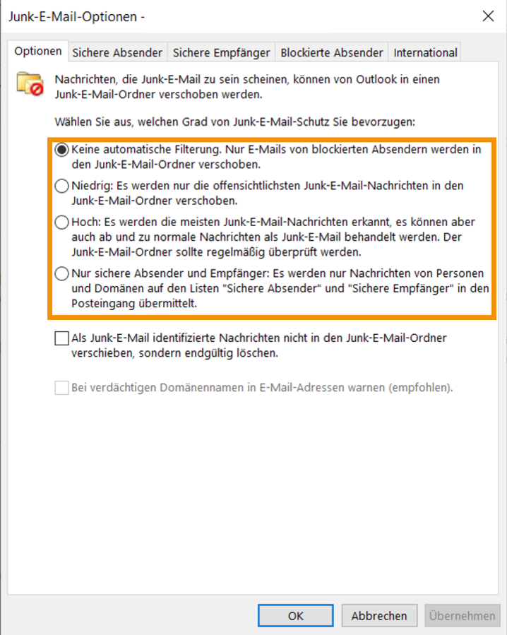 Junk E-Mail-Optionen