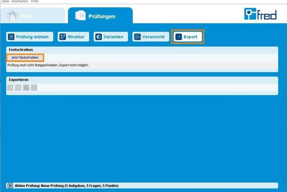 Klicken auf "Export" und anschließend "Jetzt festschreiben"