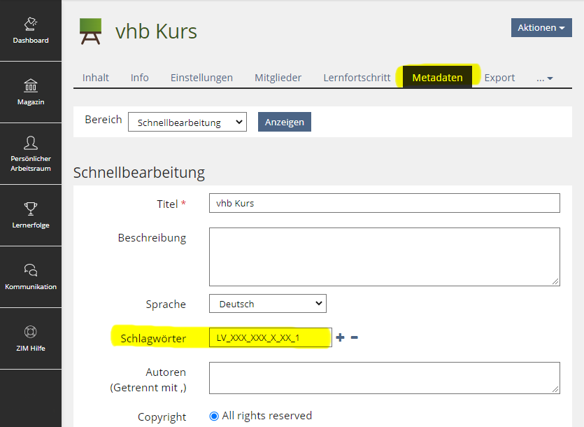 LV-Nr in Metadaten > Schlagwörter eintragen