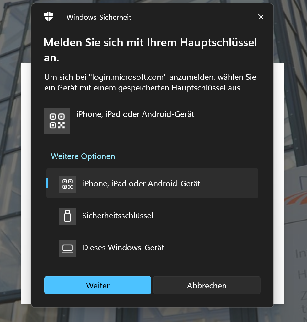 FIDO2 Methode andere Ger&auml;te ausw&auml;hlen