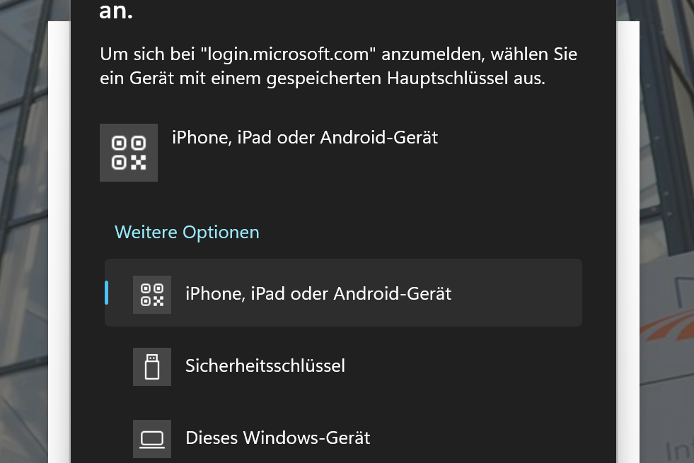 FIDO2 Methode andere Geräte auswählen