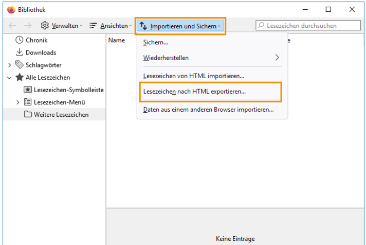 Bild: Lesezeichen nach HTML exportieren im Bibliotheksfenster unter Importieren und Sichern
