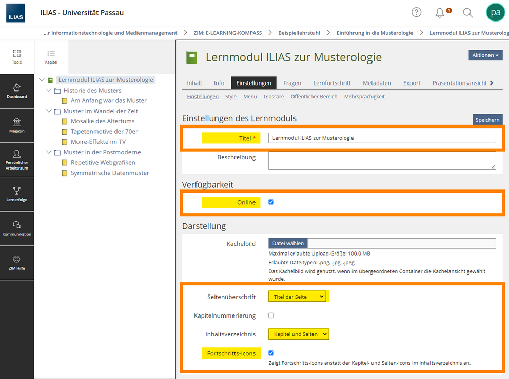 Einstellungen des Lernmoduls: Online schalten