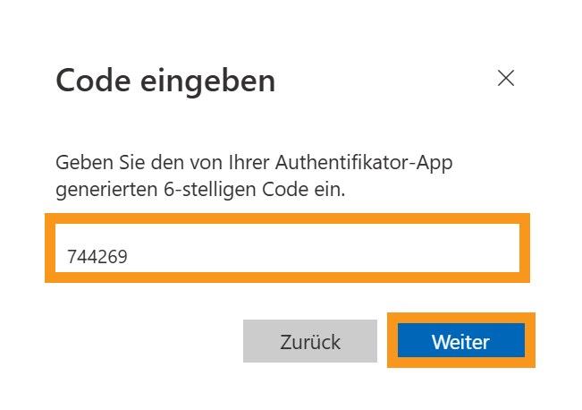 [Translate to Englisch:] Code in das Micorsoft Feld eingeben dann auf Weiter