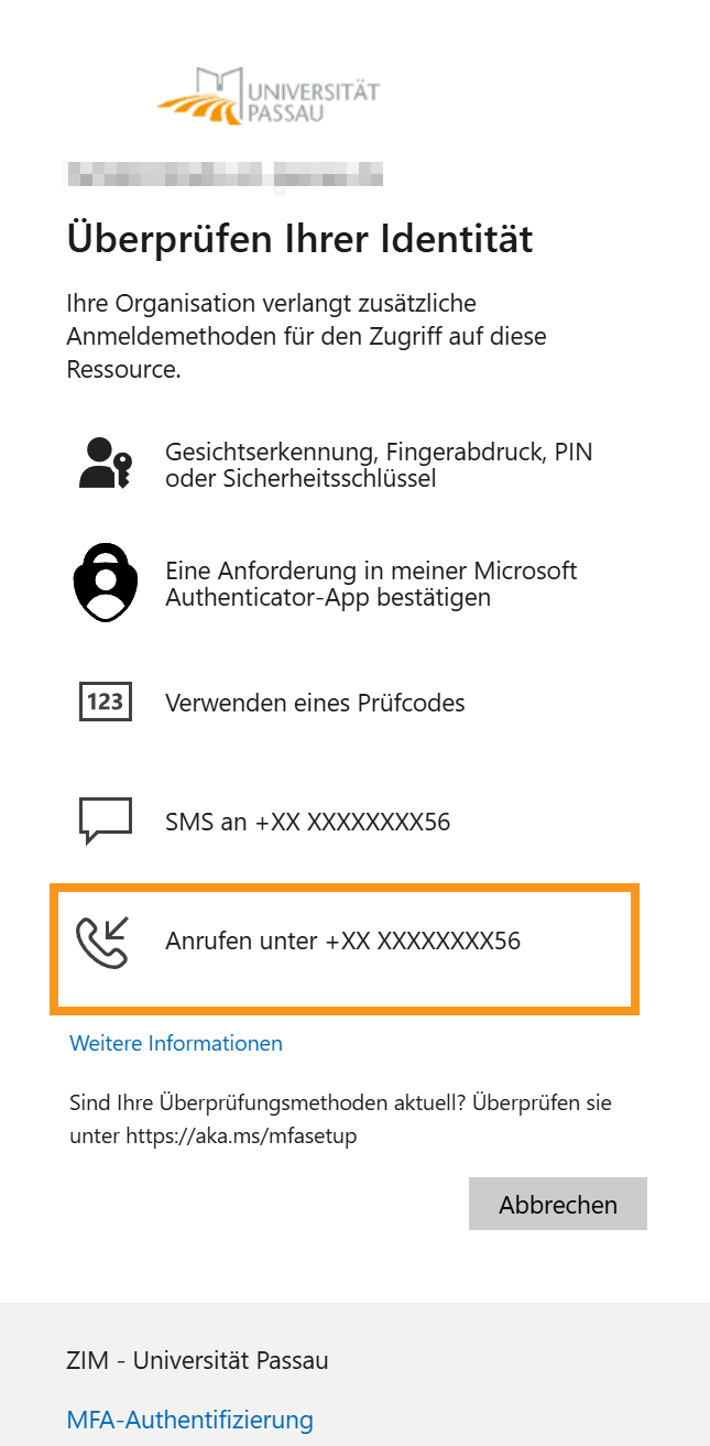 Authentifizierung per Telefonanruf wählen