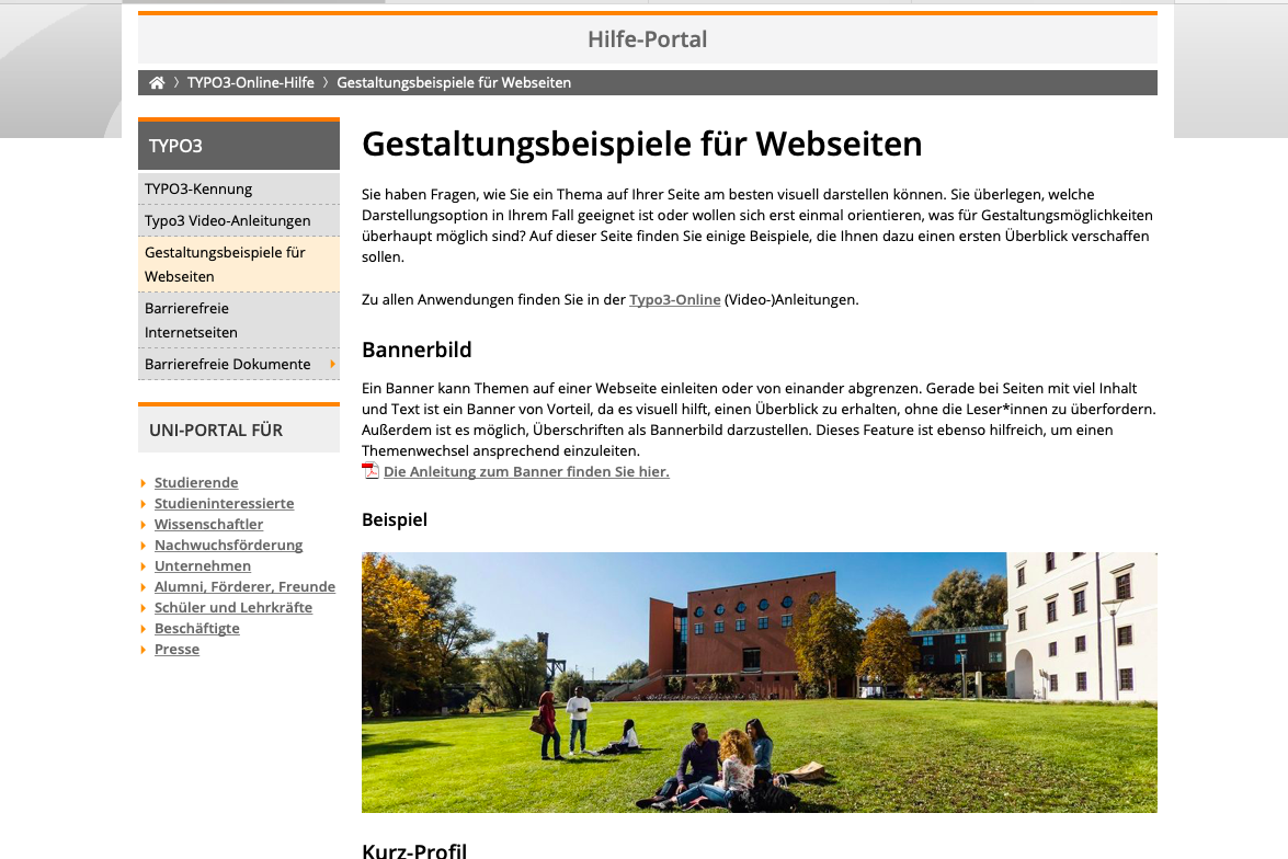 Screenshot der Seite im 2- Spalten Design
