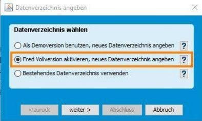 Fred Vollversion aktivieren, neues Datenverzeichnis angeben