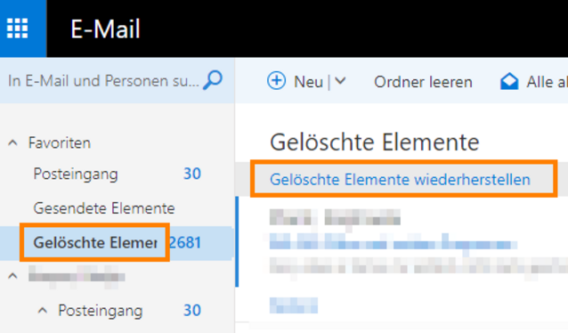 Aufrufen des Ordners "Gelöschte Elemente"