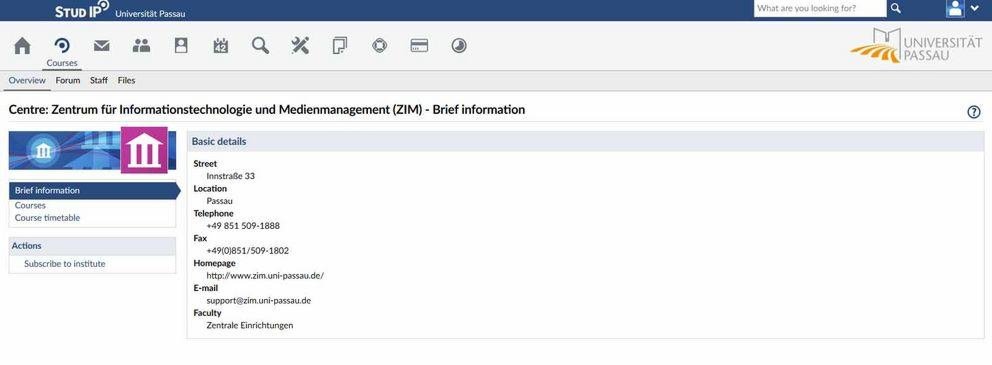 Screenshot of the ZIM institute page in Stud.IP