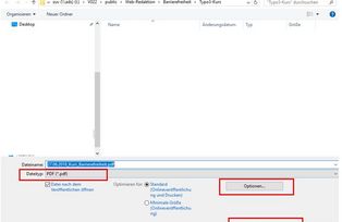 Screenshot Dialog „Als PDF/XPS veröffentlichen“. Dateispeicherpfad ist zu wählen, darunter ist ein Eingabepfad für Dateiname. Auswahlliste für „Dateityp“ („*.pdf“) folgt. Rechts ist Dialog „Optionen“, unten die Schaltflächen „Veröf