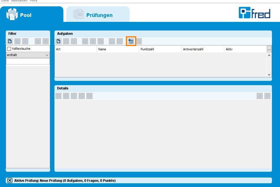 Aufgaben importieren &uuml;ber den Import-Button im Reiter Pool