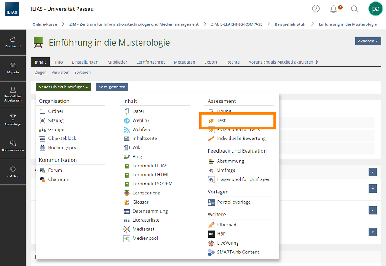 Neues Objekt hinzuf&uuml;gen: Test