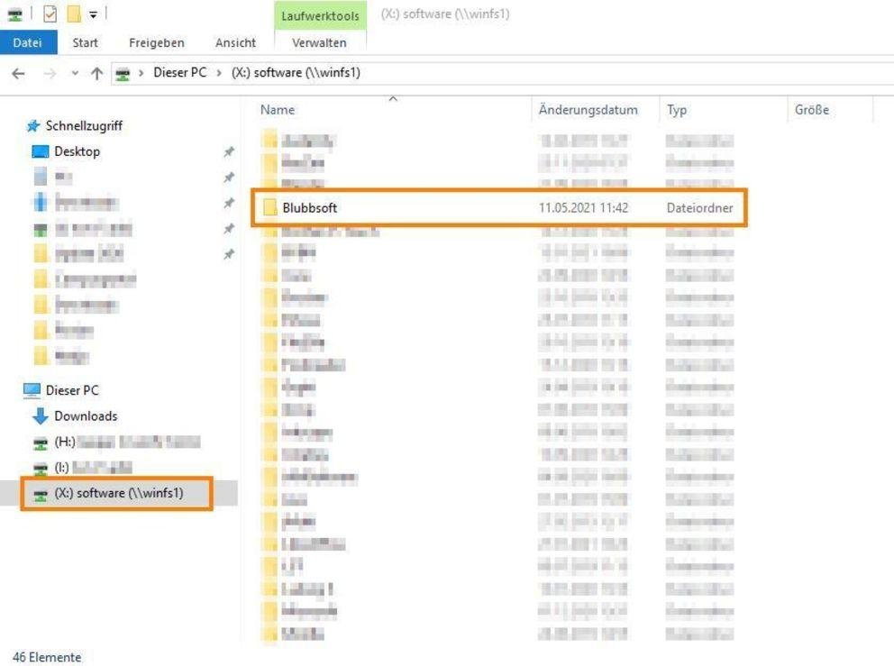 (X:)-Laufwerk öffnen und Ordner Blubbsoft aufrufen