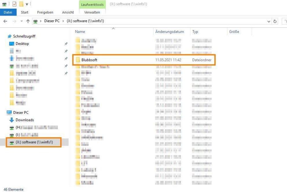 Auf dem (X:)-Laufwerk Ordner Blubbsoft öffnen