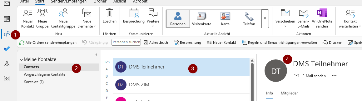 Adressbuch Kontakte w&auml;hlen Outlook Desktop App