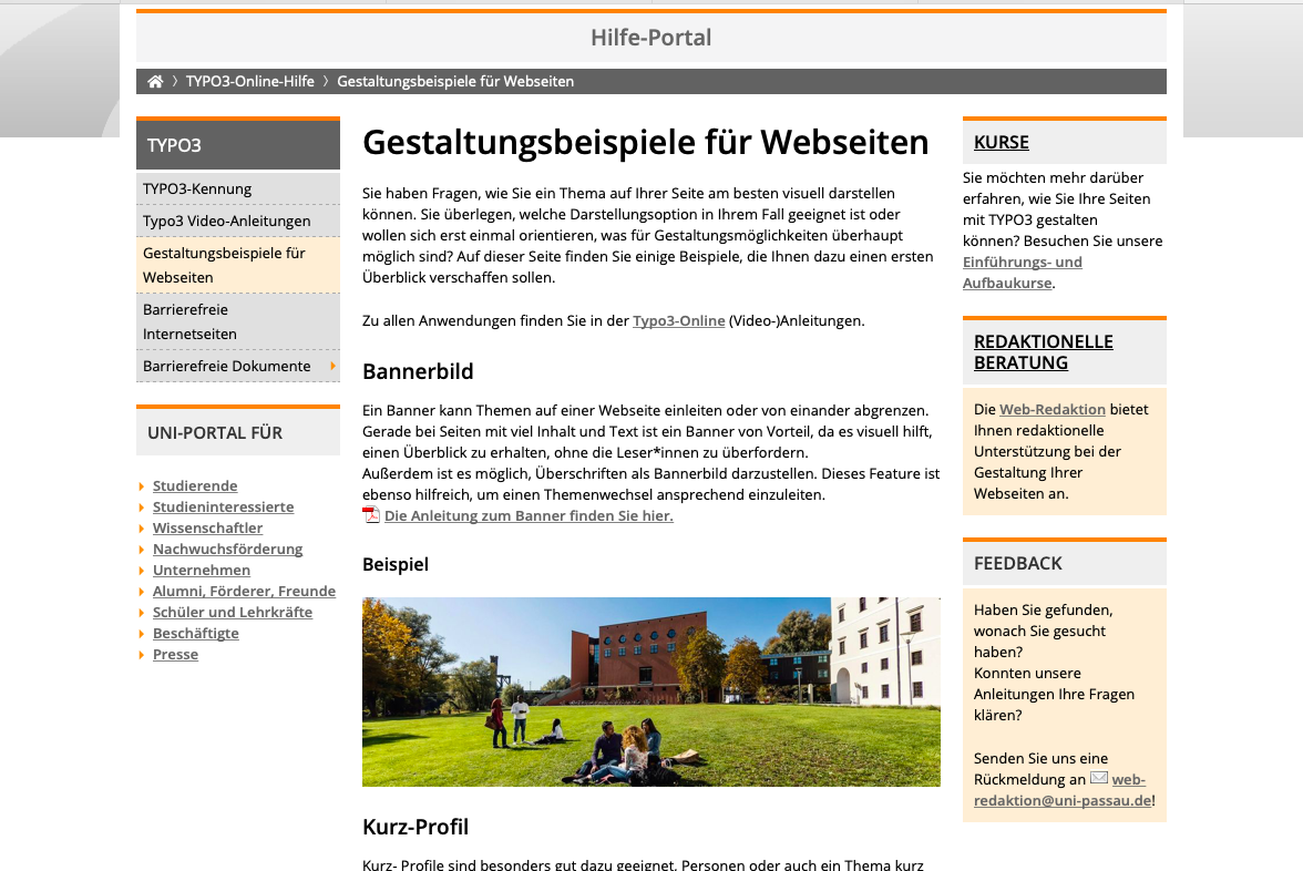 Screenshot der Seite im 3- Spalten Design