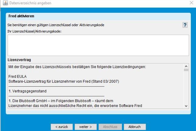 Lizenzschl&uuml;ssel/Aktivierungskode angeben