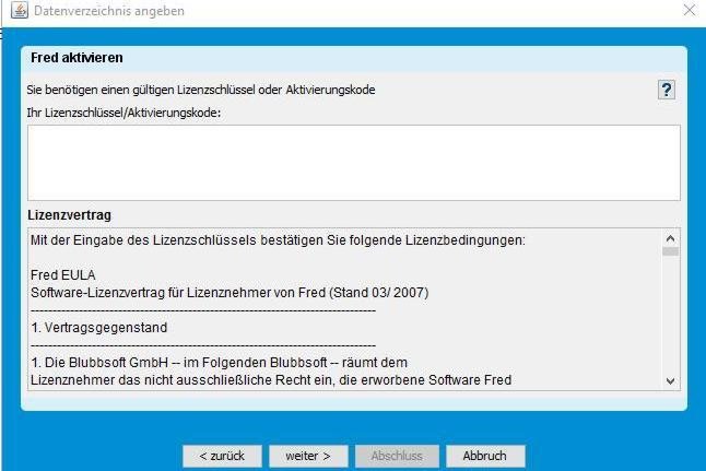 Lizenzschlüssel/Aktivierungskode angeben
