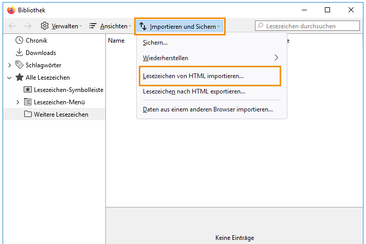 Bild: Lesezeichen von HTML importieren im Bibliotheksfenster unter Importieren und Sichern