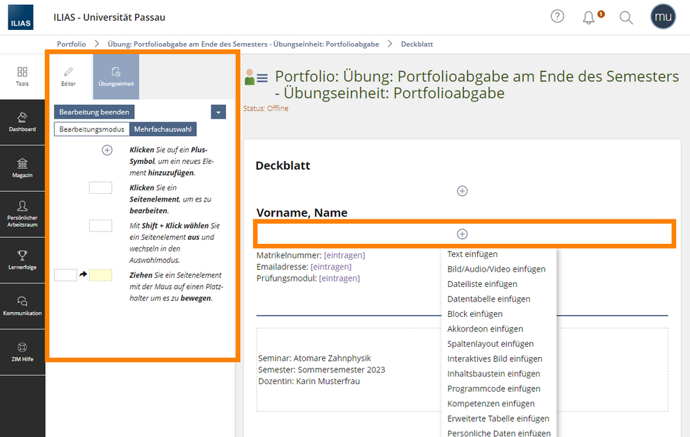 Portfolioseiten mit dem Seiteneditor gestalten