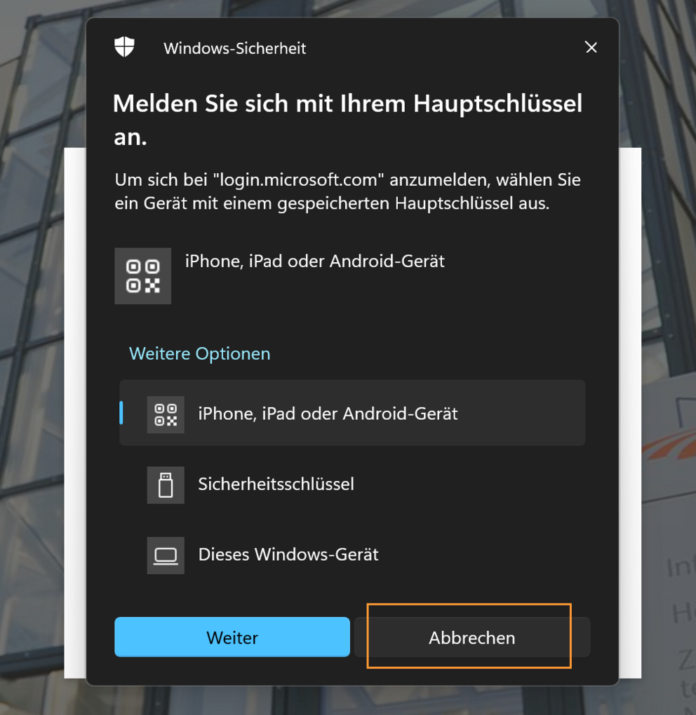 Darstellung Anmeldung Abbrechen