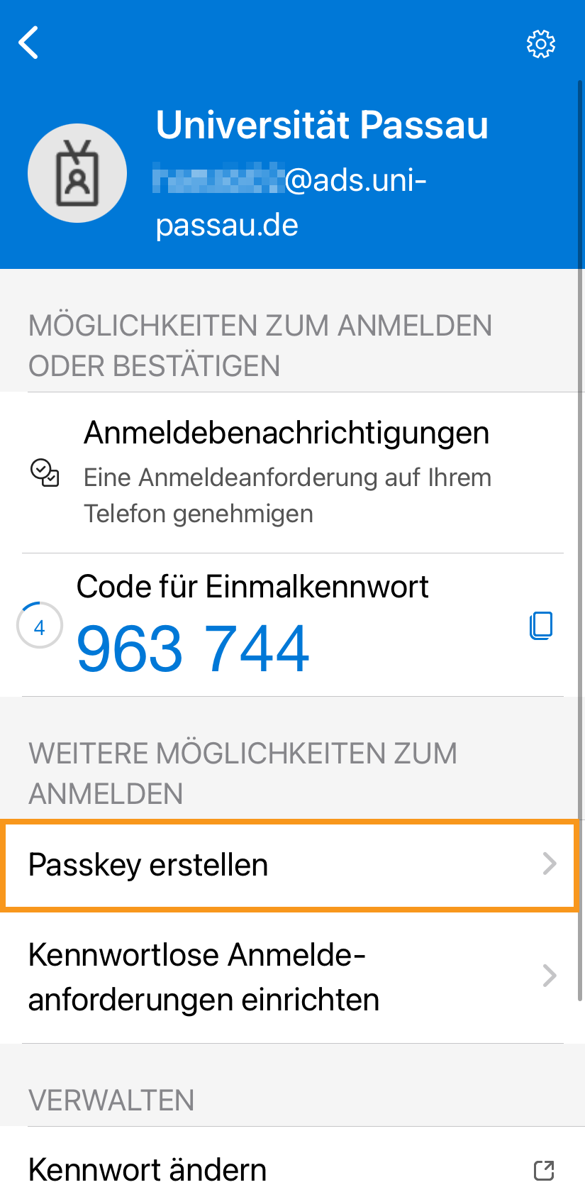 Passkey erstellen - Universitätskonto