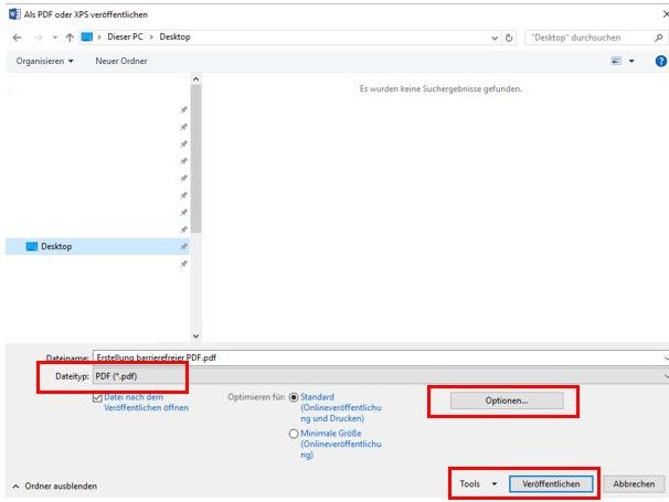 Screenshot Dialog &bdquo;Als PDF/XPS ver&ouml;ffentlichen&ldquo;. Dateispeicherpfad ist zu w&auml;hlen, darunter ist ein Eingabepfad f&uuml;r Dateiname. Auswahlliste f&uuml;r &bdquo;Dateityp&ldquo; (&bdquo;*.pdf&ldquo;) folgt. Rechts ist Dialog &bdquo;Optionen&ldquo;, unten die Schaltfl&auml;chen &bdquo;Ver&ouml;f