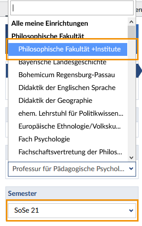 Auswahl des gew&uuml;nschten Semesters und Einrichtung