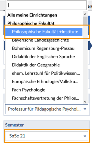 Auswahl des gewünschten Semesters und Einrichtung