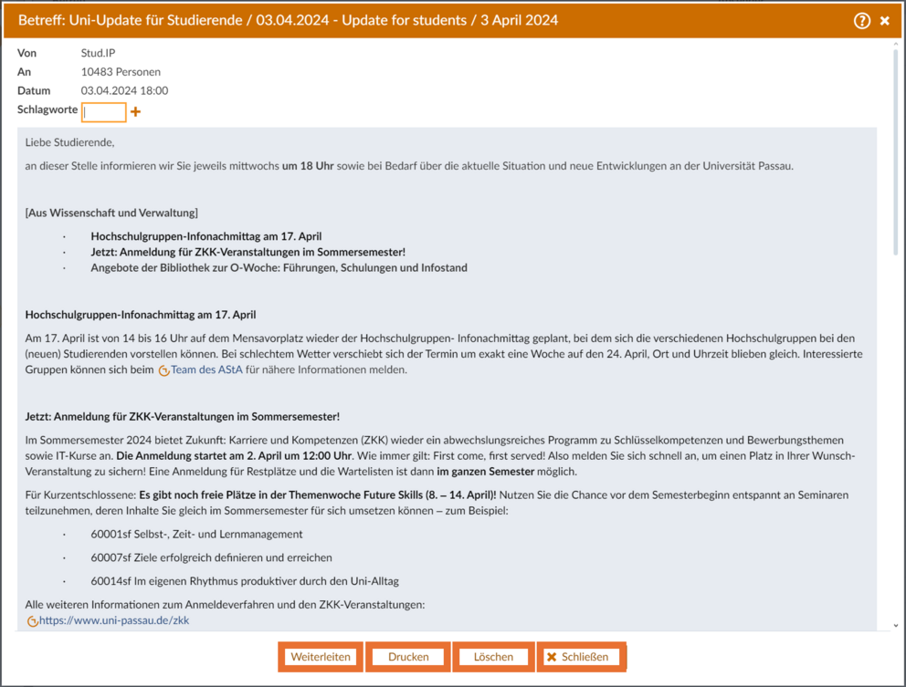 Antworten, weiterleiten, drucken, schließen