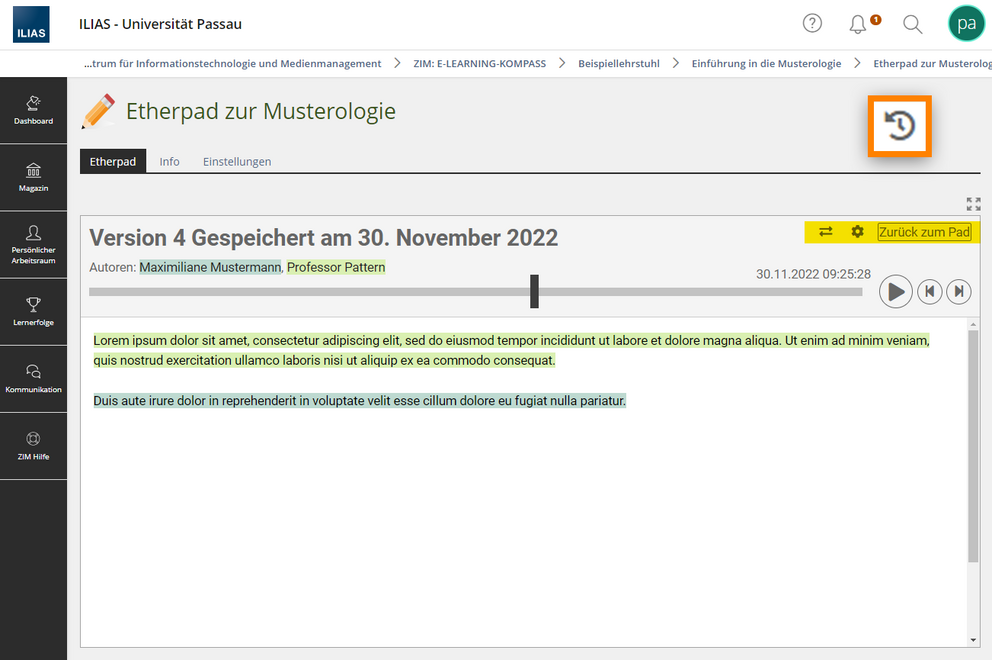 Die Entstehung des Dokuments über die Versionen der Zeitleiste nachvollziehen