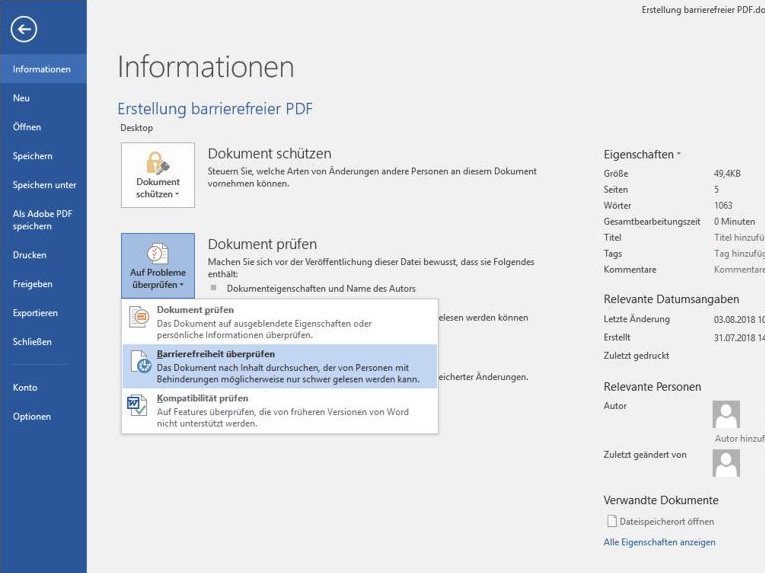 Aufgabenbereich &bdquo;Barrierefreiheitspr&uuml;fung&ldquo; &ouml;ffnet sich rechts, unterteilt in drei Teile. Pr&uuml;fungsergebnisse ist Auflistung von Fehlern und Tipps, Weitere Informationen mit n&auml;heren Hinweisen zum gew&auml;hlten Fehler, darunter ein Link zu weiteren Info