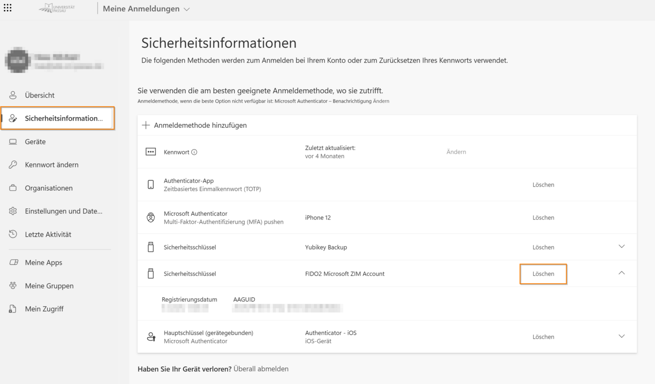 Sicherheitsschl&uuml;ssel l&ouml;schen