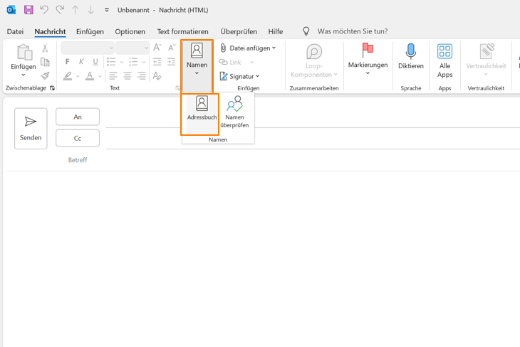 Adressbuch beim Schreiben einer neuen E-Mail