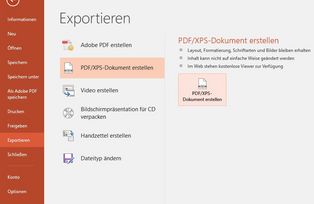 Screenshot des Dialogs Exportieren der Anwendung Powerpoint. Links ist der Eintrag "Exportieren" farblich markiert, mittig findet sich eine weitere Auflistung, "PDF/XPS-Dokument erstellen" ist markiert, und rechts ist "PDF/XPS-Dokument erstellen" markiert