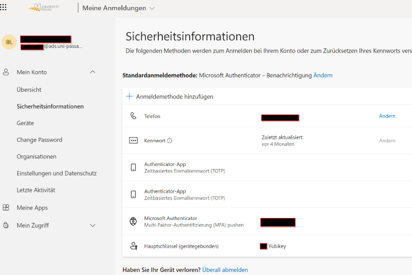 Ansicht MFA Security