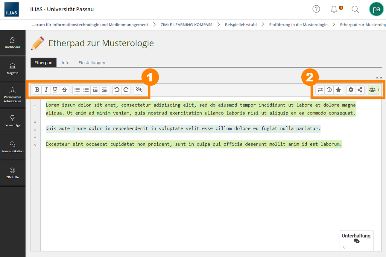 Oberfl&auml;che des Etherpads