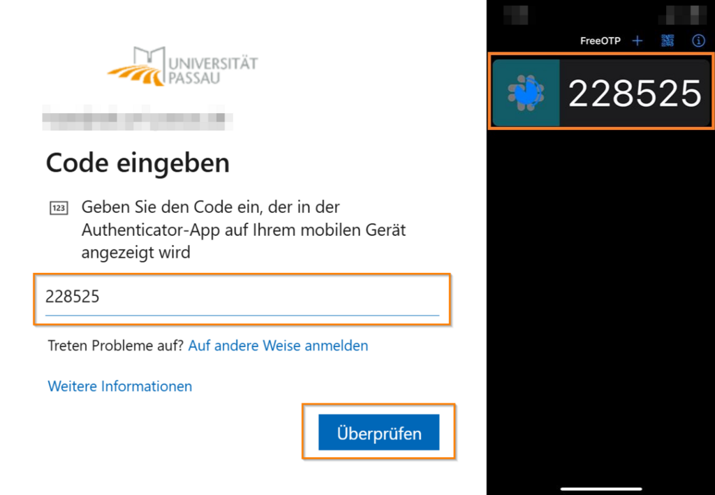 [Translate to Englisch:] TOTP Code abrufen und eingeben