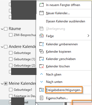 Kalender Freigabeberechtigungen w&auml;hlen