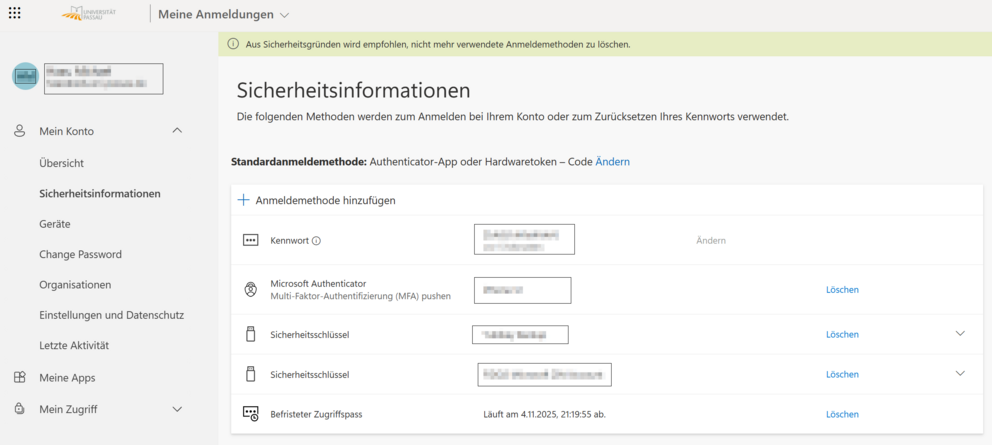 Bild Übersicht Sicherheitsinformationen mit TAP