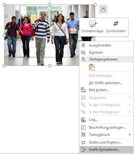 Screenshot des Fotos, das dargestellt wird. Dieses wird überlagert durch das Kontextmenü und hier ist der Eintrag "Grafik formatieren" ausgewählt und farblick gekennzeichnet.